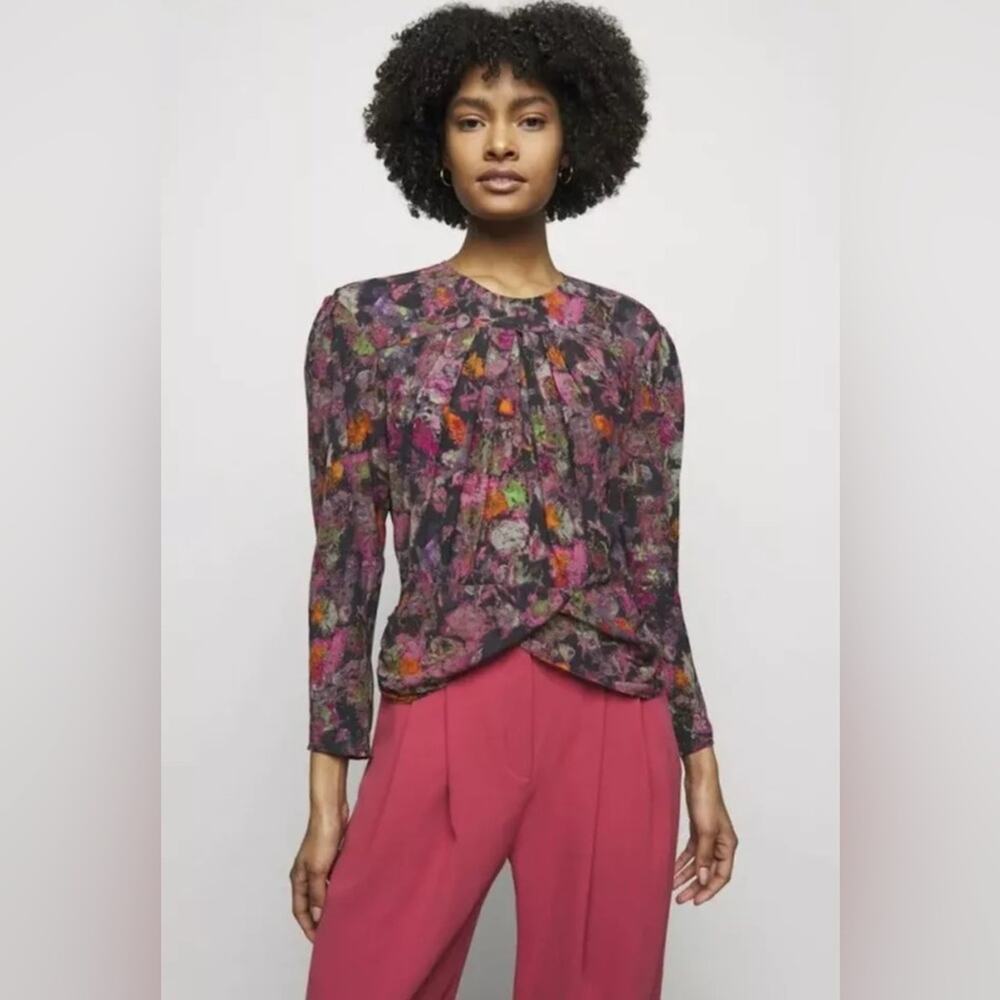 IRO Wolnie Floral Blouse Womens 2 Purple NWOT Long Sleeve Pleated Peplum Top